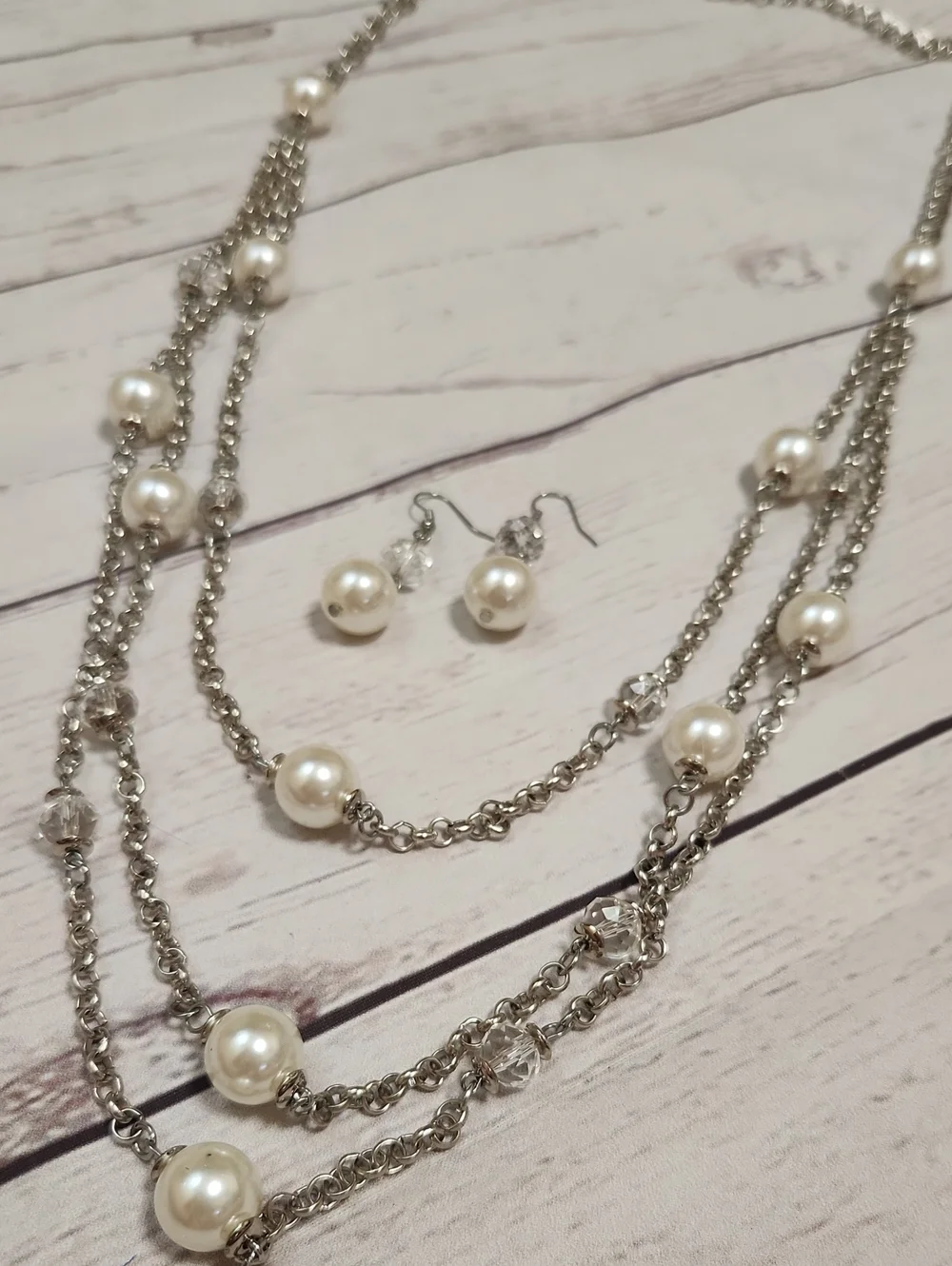 Layered Pearl and Crystal Necklace with Drop Earrings - Silver and Ivory